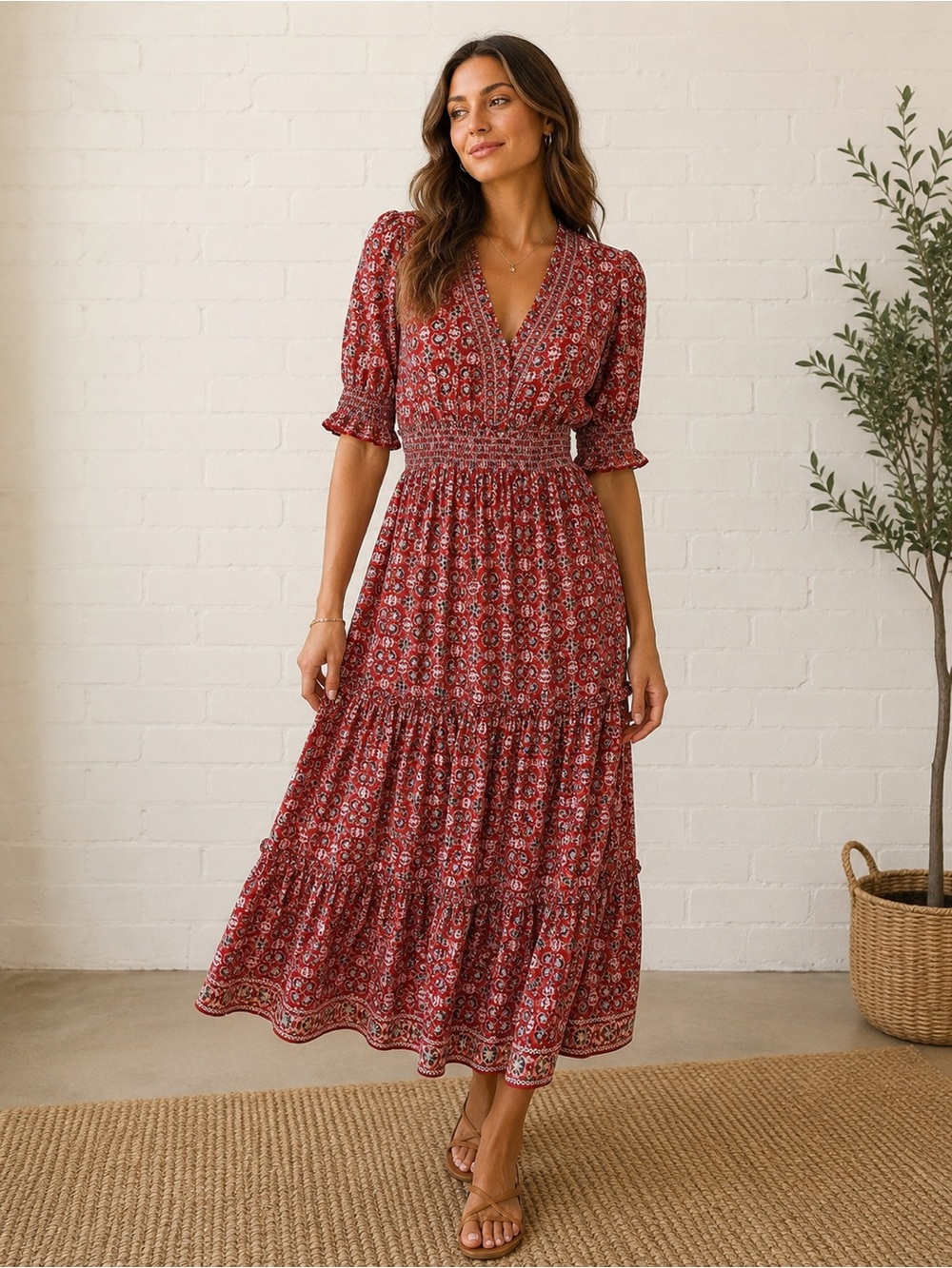 Max Studio Tiered Maxi Dress Smocked Waist Floral Paisley Sz S Boho Cottagecore